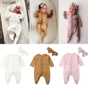 Footies 0-12M Infant Baby Boy Girl Footies Ruffles Long Sleeve Solid Sleepwear Headband Clothes YQ240306