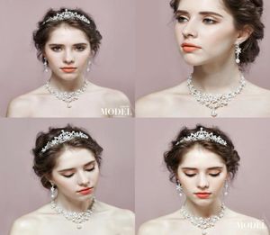 光沢のある真珠のビーズブライダルアクセサリーCrystal Crownnecklaceearrings Three Fiece Fashion Bridal Jewelrys Cheap Bridal Accesso4672093