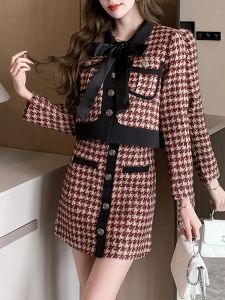 Anzüge Mode Kleid für Frauen Französisch Stil Streetwear Party Zwei Stück Schlank Mini Süße Vintage Plaid 2023 Neue Herbst Winter kleid Sets