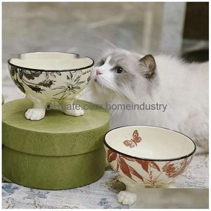 Designer Cat Bowls Upphöjd hundmat och vattenskål Set Porslin PET -maträtt med stativ Backflödesförebyggande Diskmaskin Mikrovågsugn Säker hennes DH4OV