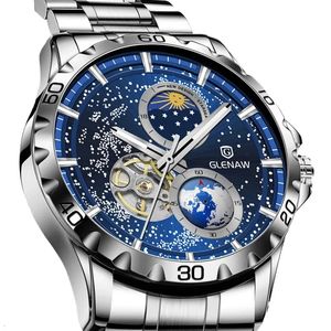 Glenaw Rotating Earth Double Second Hand Handwatch Men Automatisk mekanisk klocka Starry Sky rostfritt stål Läder Watchband 240220