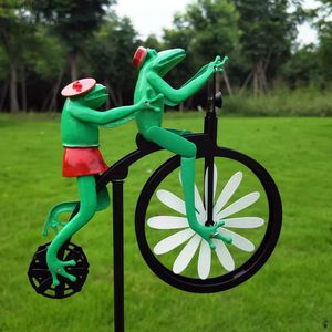 Garden Decorations New cartoon frog riding metal windmill animal motorcycle iron courtyard garden decoration T240306