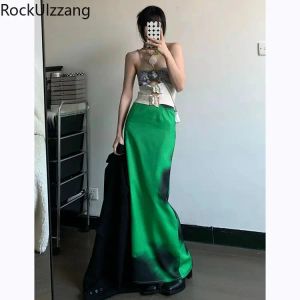 Rock elastische Taille schwarz Druck grün Maxi Rock Harajuku Sexy Midi lange Röcke japanische Straße Hippie y2k Kleidung Punk Grunge Gothic