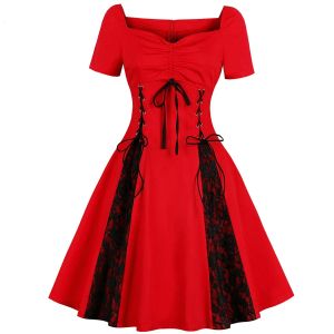 Dress Patchwork Gothic Punk Steampunk Dress Lace Up Retro Vintage Swing Cotton Streetwear 1950s 60s 70s Red Black Rockabilly Jurken