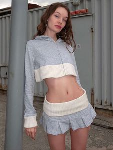 Outono ternos de malha feminino y2k colheita tps hoodies mini plissado 2 peça conjuntos saia cardigan com capuz jaqueta fatos de treino