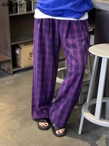Capris Wide Leg Loose Thin Pants Women Purple Plaid Harajuku Y2Kデザインの夏のズボンUlzzang Street College Fashion Clothes2023