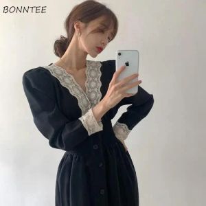 Dress Long Sleeve Dress Women Hepburn French Style Elegant Classy Aesthetic Mujer 2020 Newest Popular Lace Patchwork VNeck Black Chic