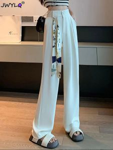 Capris White High midjebyxor för kvinnor Ny koreansk modeknapp Up Wide Leg Pants Women 2023 Spring Office Ladies Casual Baggy Pants