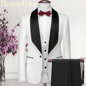 Thorndike Uomo Abiti da sposa Jacquard bianco con colletto in raso nero Smoking 3 pezzi Sposo Terno per uomo Giacca Gilet Pantaloni 240227