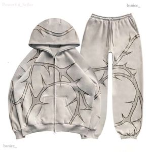 Tute da uomo Strass Stampa Felpa con cappuccio full zip Set sciolto Moda uomo Streetwear Y2k Felpe hip-hop gotiche Abbigliamento 9049