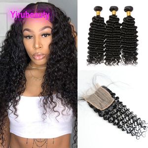 Deep Wave T Part 4X4 Lace Closure With 3 Bundles 4 PCS/lot Peruvian Indian Brazilian 100% Human Hair Natural Color