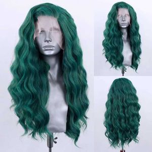 Hår peruker mörkgrön lös lockig peruk värme fiber syntetisk spets front peruk lång våg hår syntetisk spets peruk cosplay kvinnor peruk 240306