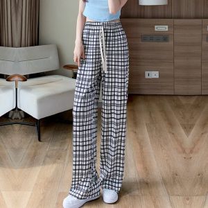 Capris Korean Baggy Rooles Castary Ice Silk Pants Harajuku Women PlaidSweatpants Elastic High Waist Black Y2K Wide Leg Ounsers衣類