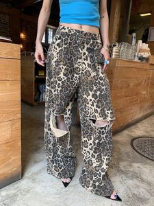 Calças de brim de impressão de leopardo para mulheres perna larga cintura alta buraco grande streetwear solto baggy moda coreana calças jeans y2k rasgado 240229