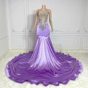 2024 Roxo Claro Plus Size Vestidos de Baile Sereia Vestidos de Noite Illusion Bead Cristais Mulheres Vestidos Formais para Ocasiões Especiais Vestido de Aniversário para Menina Negra AM504