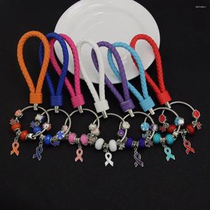 Keychains PBR119 Pink/White/Red/Blue/Purple/Orange Ribbon Cancer Awareness Crystal Resin Flower Beads Chain DIY Leather Key Ring