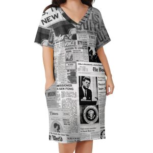 Dresses Newspaper Casual Dress Summer Old American Newspapers Kawaii Dresses Women Short Sleeve Korean Fashion Dress Plus Size 4XL 5XL