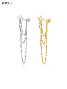 Andywen 925 Sterling Silver Gold Three Ovals Chain Beads Earing Pin Drop Earing Women Party Luxury Jewelry Cartilage Stud earrings 26247899