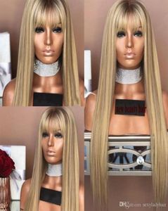 Modelånga naturliga brasilianska spetsarfront peruk med bangs bruna rötter ombre honung blond peruk syntetiskt hår för Afrika kvinnor24513523246919