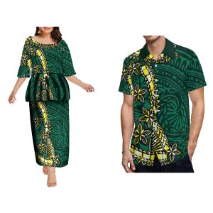 Dress Women's Dress Pleated Puffy Skirt and Ankle Custom Polynesian Long Dress Summer Highquality Couple Set Men's Shirt