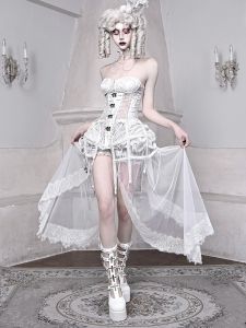 Passar blodförsörjning original vit gotisk älva kvinnor sommarkläder fiskben bandage fågelburkorsett set stropplös rörets topp kjol uppsättningar