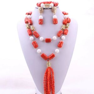 Dudo Nigerian Bridal Jewelries Nature Coral Pereads Zestaw biżuterii 2024 Tassel African Naszyjnik Zestaw pomarańczowy i biały