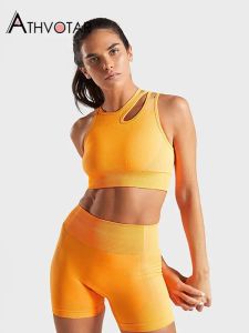 Set Athvotar sömlösa kvinnors träningsdräkt Fitness flera axelremmar BRAS kostymer med shorts Summer Crop Top Set Push Up Gym Set