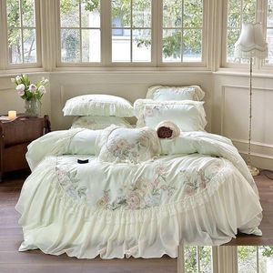 Bedding Sets Princess Chiffon Lace Luxury Green Egyptian Cotton Flowers Embroidery Duvet Er Bed Sheet Pillowcases 2024 Drop Delivery Dhfua