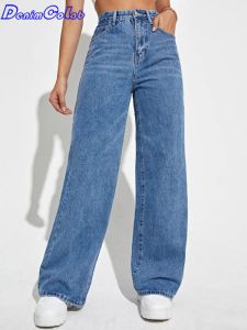 Jeans denimcolab 2023 novo namorado solto jeans mulher cintura alta simples calças largas perna senhoras casuais calças jeans mãe