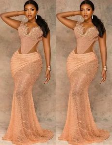 Plus size árabe aso ebi sereia ouro rendas vestidos de baile sheer pescoço frisado noite formal festa segunda recepção vestidos dr