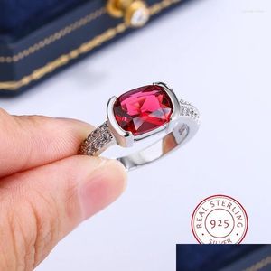 Cluster Rings 2023 Fashion Princess Cut Oval Ruby Fl Diamond Couple Ring For Women Zircon Anniversary Gift Party Jewelry Sier Drop De Dh8Af