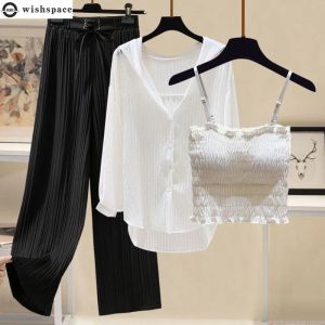 Suits Spring/Summer Set Women's 2023 New Korean Casual Hooded Chiffon Top Fashion Tank Top Wide Leg Pants Three Piece Set