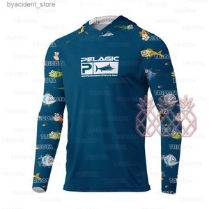 Koszule męskie pelagiczne męskie koszule z kapturem z kapturem długie rękaw Szybki suchy koszulka na zewnątrz oddychająca ochrona UV Performance Fishing Ubranie L240306