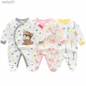 Footies 3-12m Spring Autumn Baby Boy Girls Romper Print Långärmade Footies Spädbarn Baby Onesie Cartoon Embroidered Tiger Baby Underwear YQ240306