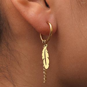 Dangle Earrings Stainless Steel Fashion Unisex Punk Gothic Feather Chain Hip Hop Pendants Gold Color For Women Jewelry Gifts