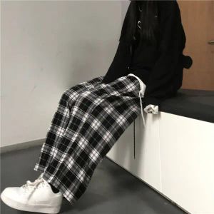 Capris Lucyever Harajuku Black and White Plaid Pants Women Summer Casuare Wide Leg Ounsers 10代のヒップホップユニセックスルーズストレートパンツ