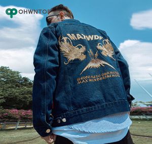 Dragon Embroidered Denim Jacket Japanese Harajuku Men Hip Hop Jeans Jacket Streetwear 2020 Denim Bomber Black Blue Cotton5000039