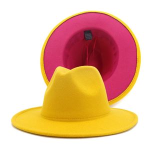 Outer Yellow Inner Pink Patchwork Jazz Felt Hat Women Men Wide Brim Panama Fedora Hats with Felt Band Trilby Cap263q