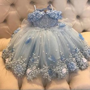 Céu claro azul pérolas vestidos da menina de flor para festa de casamento vestidos de baile até o chão tule vestido primeira comunhão