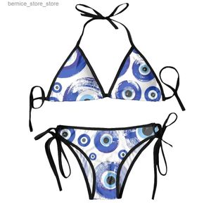 Kvinnors badkläder kvinnors triangel baddräkt 2-stycken bikini set sexig suspender push ups marinblå och aqua nazar ond öga lycklig charm q240306