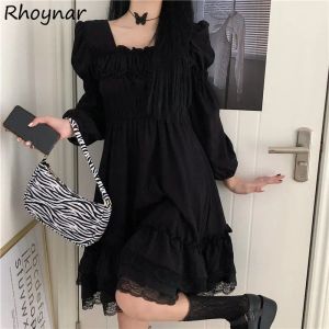 Vestido de renda preta feminino estilo lolita francês streetwear gola quadrada temperamento y2k roupas outono vintage moda vestidos adolescentes