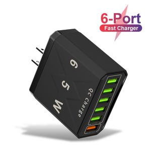 6 portar USB Fast Charger 65W QC3.0 Multi Port USB Wall Chargers för iPhone Samsung Xiaomi OnePlus Phone Travel Power Adapter