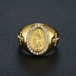 Religious Christian Catholic Virgin Mary 14k Gold Rings for Men Hip Hop Jewelry Rhinestones Gold Plated Punk Rock Ring