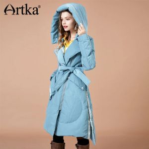 Coats ARTKA 2018 Autumn and Winter New Solid Thick Cloak 90% White Duck Down Coat Sashes Letter Print Pocket Hooded Outwear YK10383D