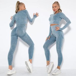 Set da yoga senza cuciture da donna Tute sportive da fitness Abbigliamento da palestra Manica lunga Crop Top Camicie Vita alta Leggings da corsa Pantaloni da allenamento 240228