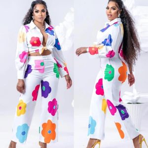 SUITS AUTTUNG DONNE 2 pezzi Set da 2 pezzi Flora Stampato elegante giù per le camicie da colletto pantaloni bagliori 2023 Office Lady Clothes Cobbrage Set abbinati