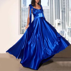 ドレス新しい青いサテンセクシーなスパゲッティストラップウーマンの女性用ストラップレスボウ包帯エレガントなイブニングパーティードレスカジュアルスイングドレス