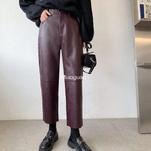 Capris Burgundy Leather Pants Women's Wide Leg Pouncers韓国スタイルY2Kファッションルーズパンツハイウエストブラックプーバギーパンツ秋