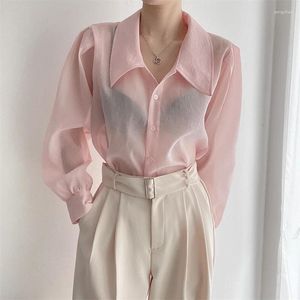 女性のブラウス韓国のシックなブラウス女性ファッションシングル胸青白い薄いピンクのシャツ夏の薄いバブルスリーブ日焼け止めトップ