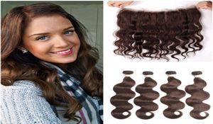 Chocolate Brown 13x4 spets frontala stängning med väver 4 buntar Body Wave Vrgin Brasilian 4 Dark Brown Human Hair Bundle Deals WI8668408